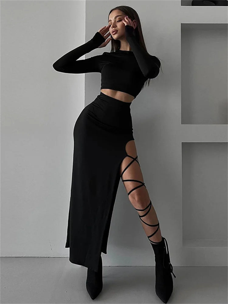 Tossy Fashion Bandage Hollow Out 2 Piece-Set Women Sexy Crop top And Long Skirt Sets High Split Black Patchwork Female Outfits