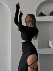 Tossy Fashion Bandage Hollow Out 2 Piece-Set Women Sexy Crop top And Long Skirt Sets High Split Black Patchwork Female Outfits