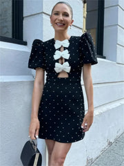 Tossy Fashion Bow Love Mini Dress Women Hollow Out Patchwork Elegant Short Sleeve Party Dress Female High Street Ladies Dress