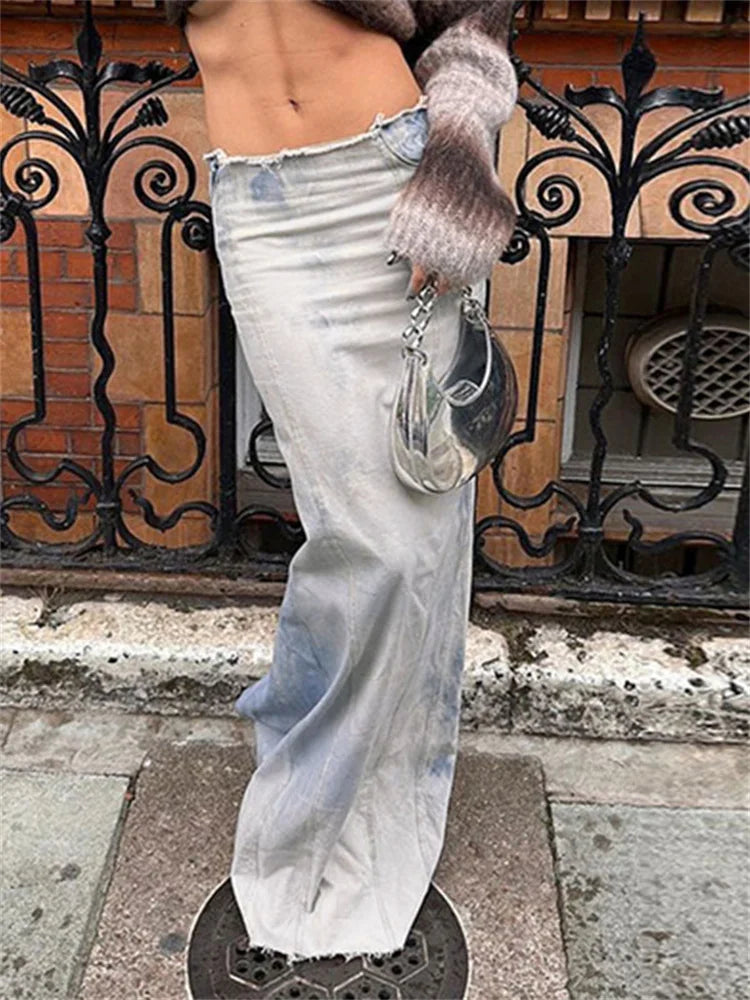 Tossy Fashion Denim Maxi Skirt For Women Low Waist High Street Split Casual Long Skirt Outfit Elegant Broken Summer Denim Skirt