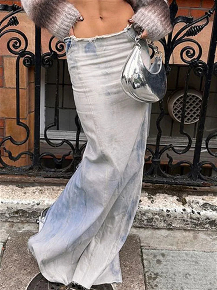 Tossy Fashion Denim Maxi Skirt For Women Low Waist High Street Split Casual Long Skirt Outfit Elegant Broken Summer Denim Skirt