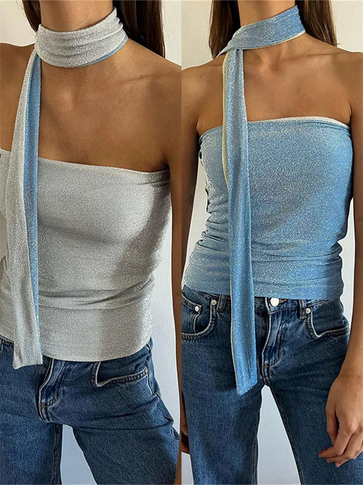 Tossy Fashion Glitter Tube Tops For Women Off-Shoulder Slim Club Night Outfits Luxury Elegant Strapless Top Backless Tank top