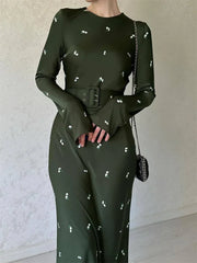 Tossy Fashion High Waist Long Dress Ladies Long Sleeve Slim Ruffled Patchwork Elegant Party Dress Printed Casual Maxi Dress 2023