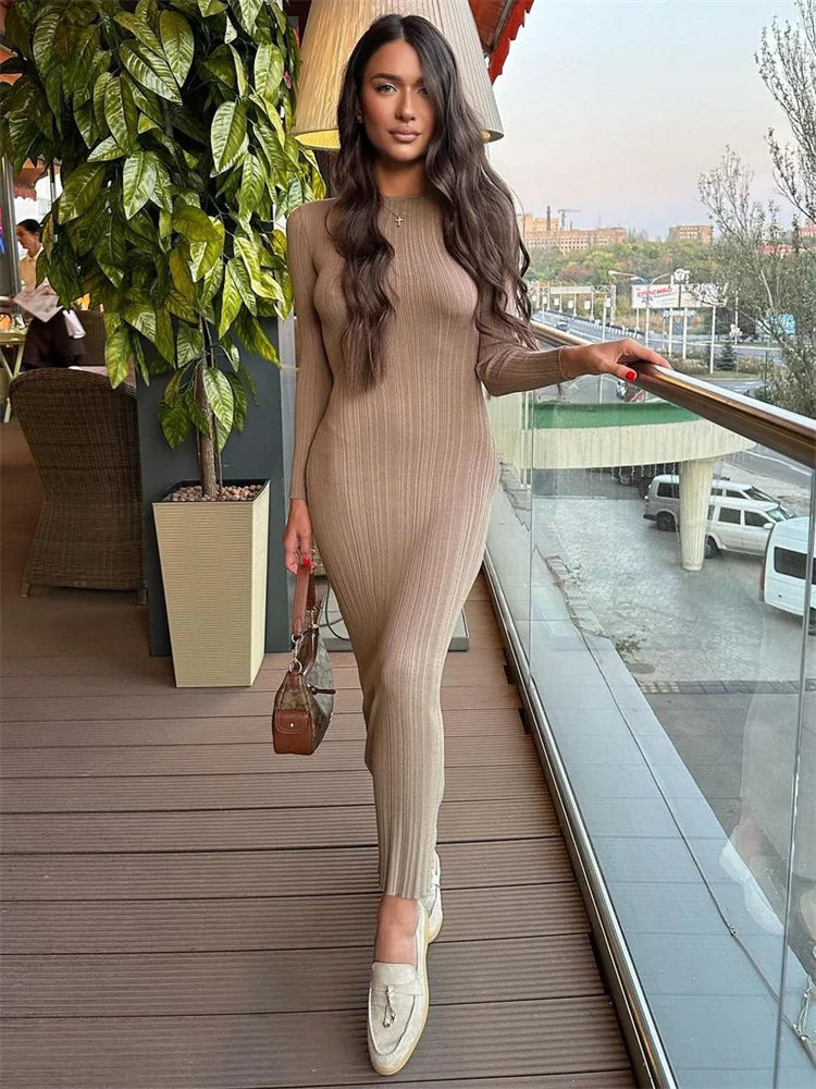 Tossy Fashion Knit Ribbed Maxi Dress Ladies High Waist Long Sleeve Patchwork Elegant Slim Party Dress Autumn 2023 Knitwear Dress