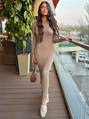 Tossy Fashion Knit Ribbed Maxi Dress Ladies High Waist Long Sleeve Patchwork Elegant Slim Party Dress Autumn 2023 Knitwear Dress