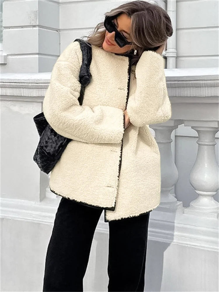 Tossy Fashion Loose Winter Outwear Women Long Sleeve High Waist Casual Cardigan Ladies Coat Patchwork Elegant Outwear Jacket