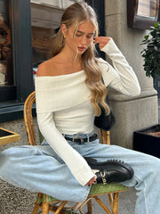 Tossy Fashion Off Shoulder Knit Tops Women Slim Elegant Club Party Streetwear Sexy Top Pullover White Full Sleeve Outfits Cloth