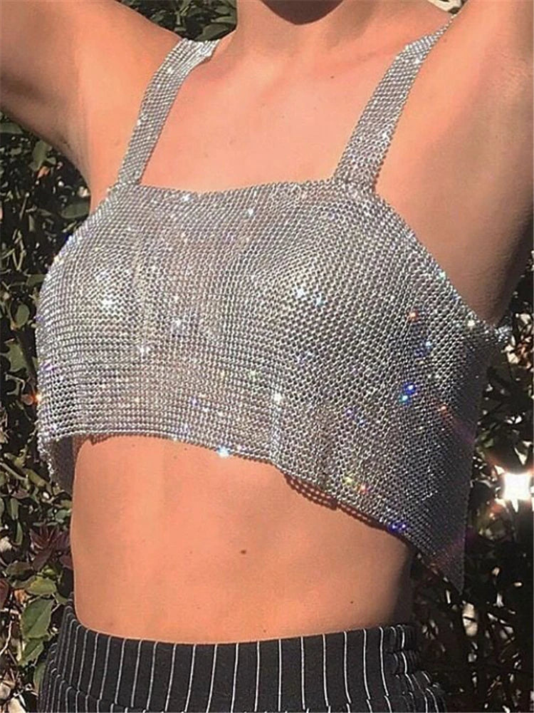 Tossy Fashion Party Tops For Women 2022 New Backless Shiny Rhinestones Glitter Sequins Crop Top Festival Club Diamonds Camis