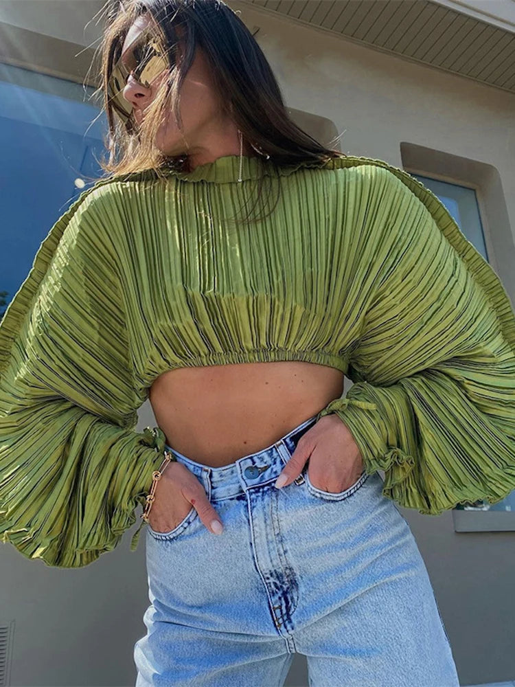 Tossy Fashion Pleated Lantern Long Sleeve Pullover Tops For Women Elegant 2022 New Ladies High Street Cropped Blouse Shirts