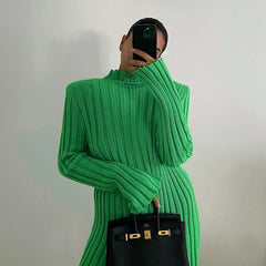 Tossy Fashion Ribbed Women’s Turtleneck Sweater Green Long Sleeve Shrugs Knitwear Jumper Female Knitted Tops 2021 Autumn Winter