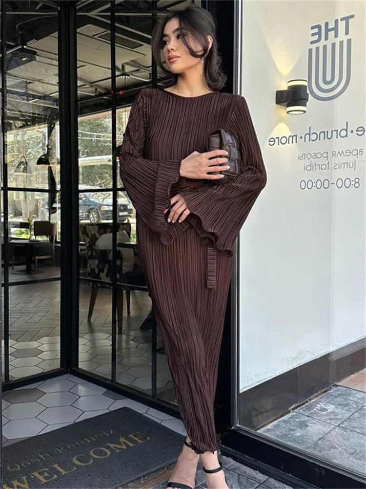 Tossy Fashion Ruffled Lace-Up Long Dress Women Slim Long Sleeve Striped Pleated Party Dress Autumn 2023 Solid Gown Female Dress