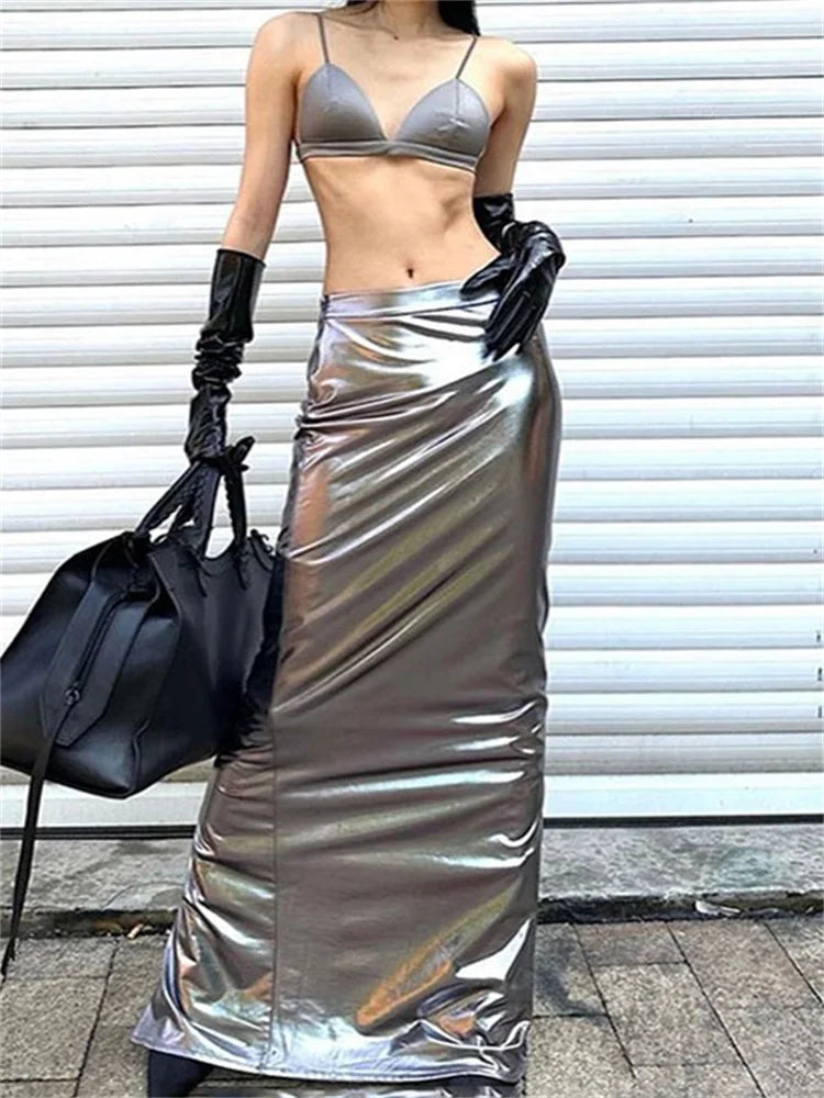 Tossy Fashion Silver Long Skirt High Waist Luxury For Women Slim Streetwear Summer Sheer Sexy High Street Outfits Maxi Skirts