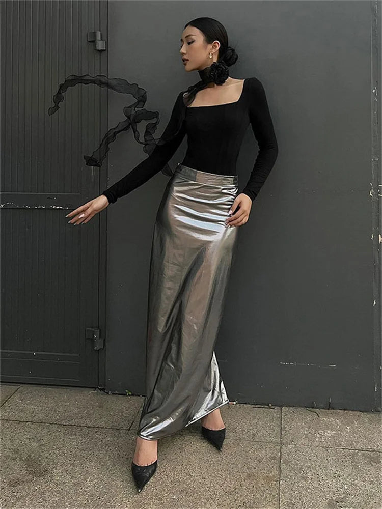 Tossy Fashion Silver Long Skirt High Waist Luxury For Women Slim Streetwear Summer Sheer Sexy High Street Outfits Maxi Skirts