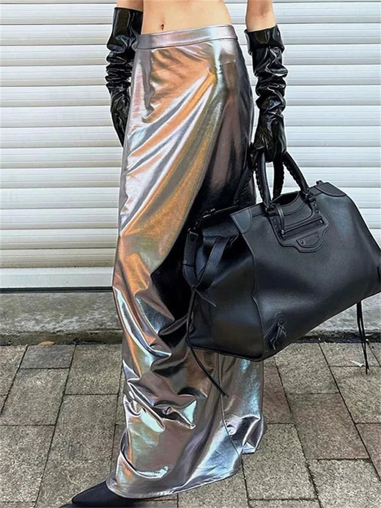 Tossy Fashion Silver Long Skirt High Waist Luxury For Women Slim Streetwear Summer Sheer Sexy High Street Outfits Maxi Skirts