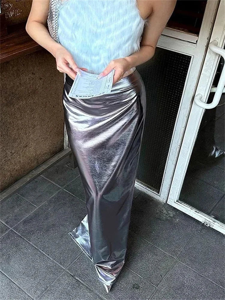 Tossy Fashion Silver Long Skirt High Waist Luxury For Women Slim Streetwear Summer Sheer Sexy High Street Outfits Maxi Skirts