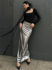 Tossy Fashion Silver Long Skirt High Waist Luxury For Women Slim Streetwear Summer Sheer Sexy High Street Outfits Maxi Skirts