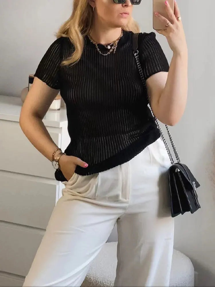 Tossy Fashion Striped Knit Pullover For Women Short Sleeve See Through Skinny T-Shirts Outfits Elegant Sheer White Y2k Top Tees