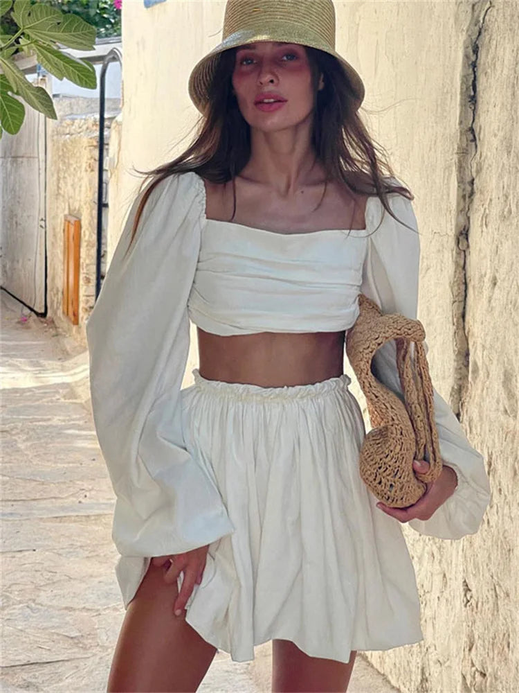 Tossy Female Chiffon 2 Piece-Set Mini Skirt And Long Sleeve Top Outfits Summer 2023 Casual Lace-Up High Waist Short Skirt Sets