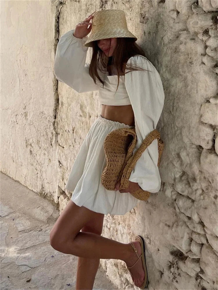 Tossy Female Chiffon 2 Piece-Set Mini Skirt And Long Sleeve Top Outfits Summer 2023 Casual Lace-Up High Waist Short Skirt Sets