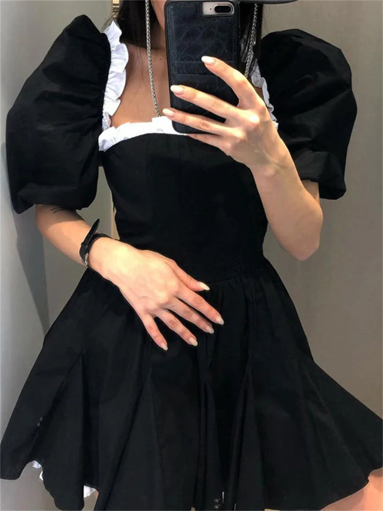 Tossy Female Contrast Patchwork MIni Dress Short Sleeve Slim Fashion High Street Holiday Dress Party Gown Ruffled Women Dress