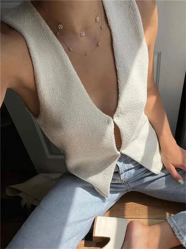 Tossy Female Hollow Out Knit Cardigan Sexy Sleeveless Baggy High Street Tank Top Summer V-Neck Slim Fashion Women Vest Y2k Top