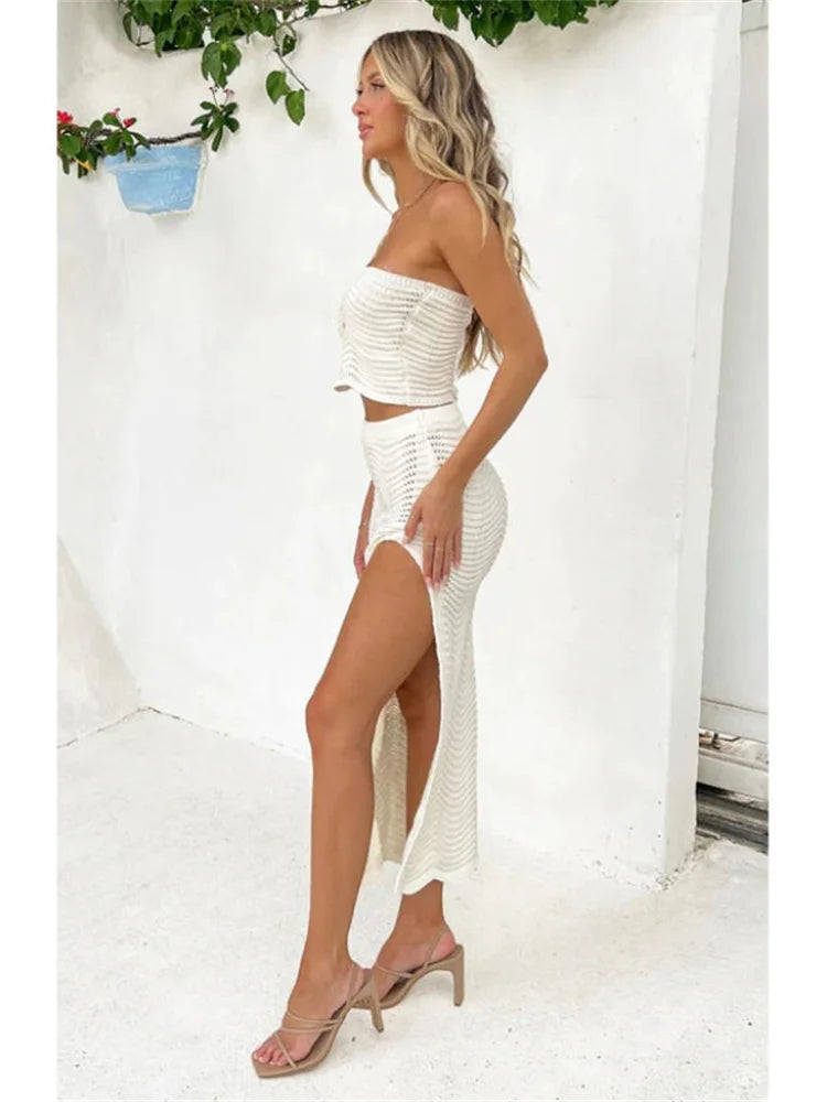 Tossy Female Knit Off-Shoulder Midi Skirt 2 Piece-Set High Split Long Skirt And Hollow Out Tube Tops Sets Elegant Ladies Outfits