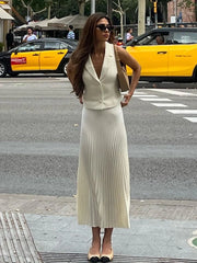 Tossy Folds Long Skirt Two Pieces Set Women’s Notched Sleeveless Short Vest Top High Waist Solid Maxi Skirt Fashion Sets 2024