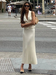 Tossy Folds Long Skirt Two Pieces Set Women’s Notched Sleeveless Short Vest Top High Waist Solid Maxi Skirt Fashion Sets 2024