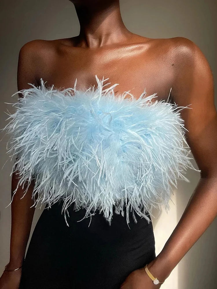 Tossy Fur Feather Strapless Tube Tops For Women Party Fashion Bustier Cute Top Y2k Club 2022 New Sexy Mini Fluffy Corset Top