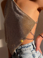 Tossy Glitter Backless Sexy Tank Top – Female Patchwork Off-Shoulder Sequin Club Party Y2k Sparkle Vest