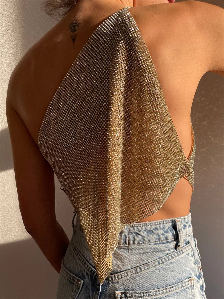 Tossy Glitter Backless Sexy Tank Top – Female Patchwork Off-Shoulder Sequin Club Party Y2k Sparkle Vest