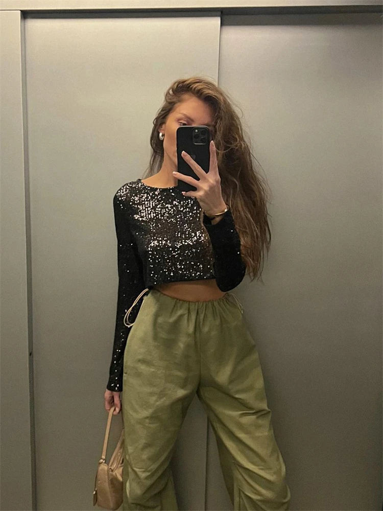 Tossy Glitter Sequin Crop top Female Long Sleeve Fashion Sexy Outfit T-shirt Solid Casual High Street Sparkle For Women Y2k Top