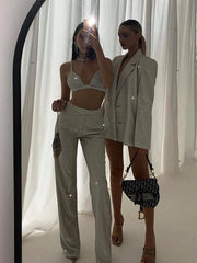 Glitter Silver Party Two Piece Pants Set Women Club Night Outfits Sparkly Blazer Matching Sets Femme Tracksuit