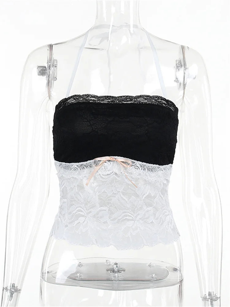 Tossy Halter Lace See-Through Crop Top Ruffled Contrast Tank Top – Y2K Fashion Patchwork Strapless Sexy Contrast Cropped Top