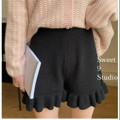 Tossy High Waist Knitted Flare Shorts For Women Winter New Casual Beige Wide Leg Down Shorts Ruffles Fashion Korean