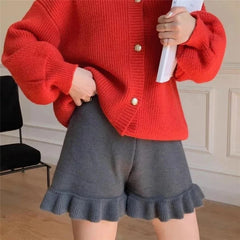 Tossy High Waist Knitted Flare Shorts For Women Winter New Casual Beige Wide Leg Down Shorts Ruffles Fashion Korean