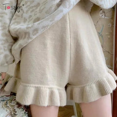 Tossy High Waist Knitted Flare Shorts For Women Winter New Casual Beige Wide Leg Down Shorts Ruffles Fashion Korean