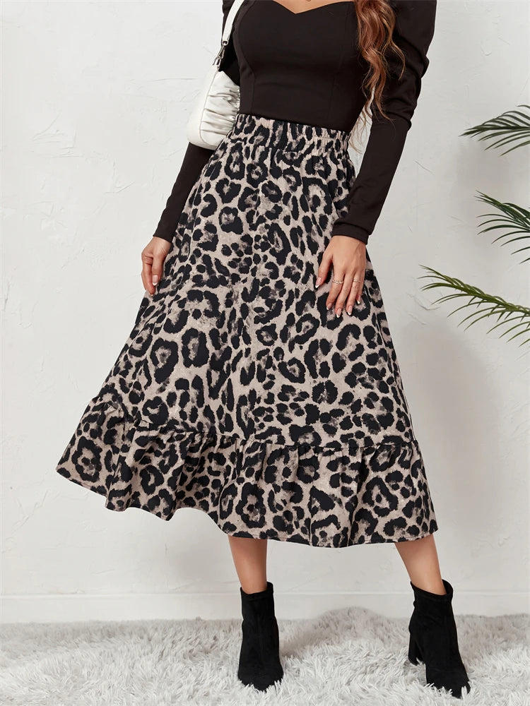 Tossy High Waist Leopard Midi Skirt For Women Casual Boho Printed Long Tulle Skirt Ladies 2022 Autumn New Chiffon A-line Skirt