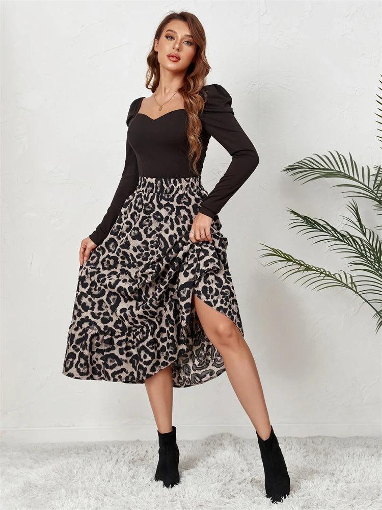 Tossy High Waist Leopard Midi Skirt For Women Casual Boho Printed Long Tulle Skirt Ladies 2022 Autumn New Chiffon A-line Skirt