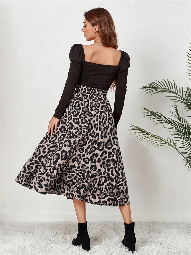 Tossy High Waist Leopard Midi Skirt For Women Casual Boho Printed Long Tulle Skirt Ladies 2022 Autumn New Chiffon A-line Skirt