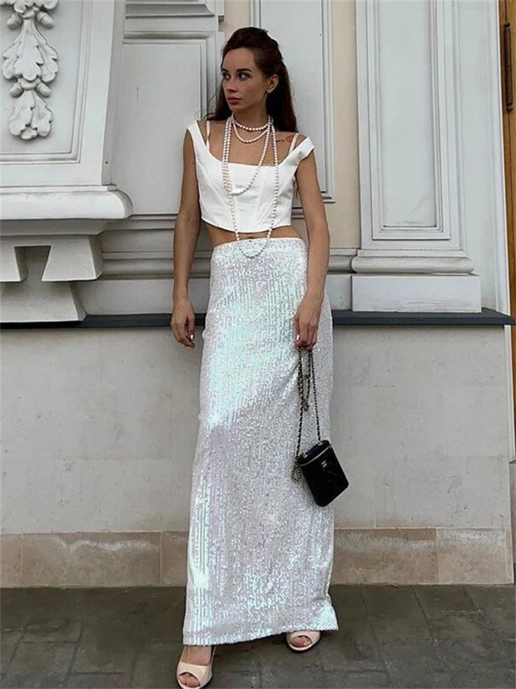 Tossy High Waist Sequin For Women Long Skirt Slim Split Fashion Elegant High Street Glitter Maxi Skirt Casual Female Long Skirt