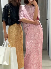 Tossy High Waist Sequin For Women Long Skirt Slim Split Fashion Elegant High Street Glitter Maxi Skirt Casual Female Long Skirt