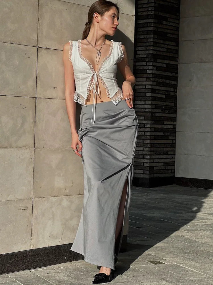 Tossy High Waist Slim Pleated Long Skirt Elegant Women Side Split High Street Ladies Maxi Skirt Slim Summer Female Long Skirt