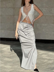 Tossy High Waist Slim Pleated Long Skirt Elegant Women Side Split High Street Ladies Maxi Skirt Slim Summer Female Long Skirt