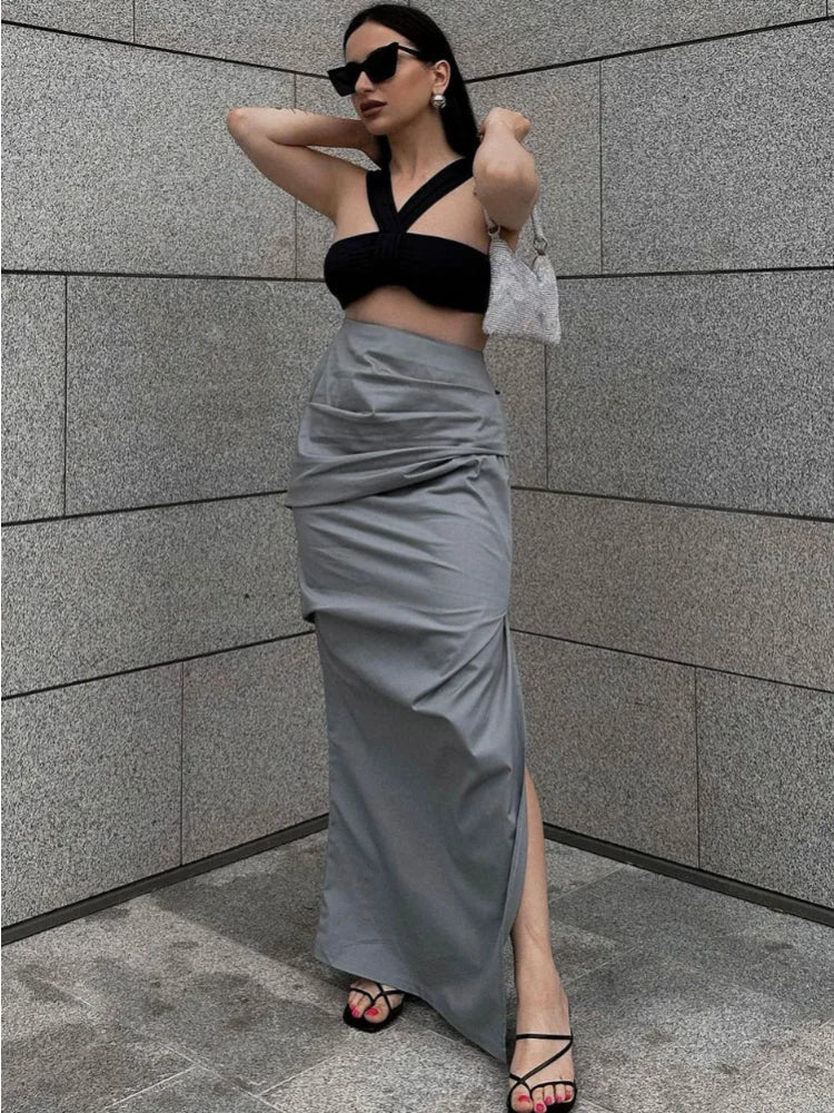 Tossy High Waist Slim Pleated Long Skirt Elegant Women Side Split High Street Ladies Maxi Skirt Slim Summer Female Long Skirt