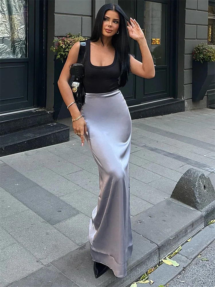 Tossy High Waist Solid Fashion Long Skirt Women Slim Patchwork Elegant Y2k Maxi Skirt Autumn 2023 Satin Sexy Ladies Maxi Skirt