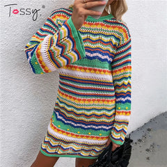 Tossy Holiday Crochet Dress Cover Up Sexy Boho Autumn Long Sleeve Knitwear Beach Dress Female Casual Hollow Out Party Dresses