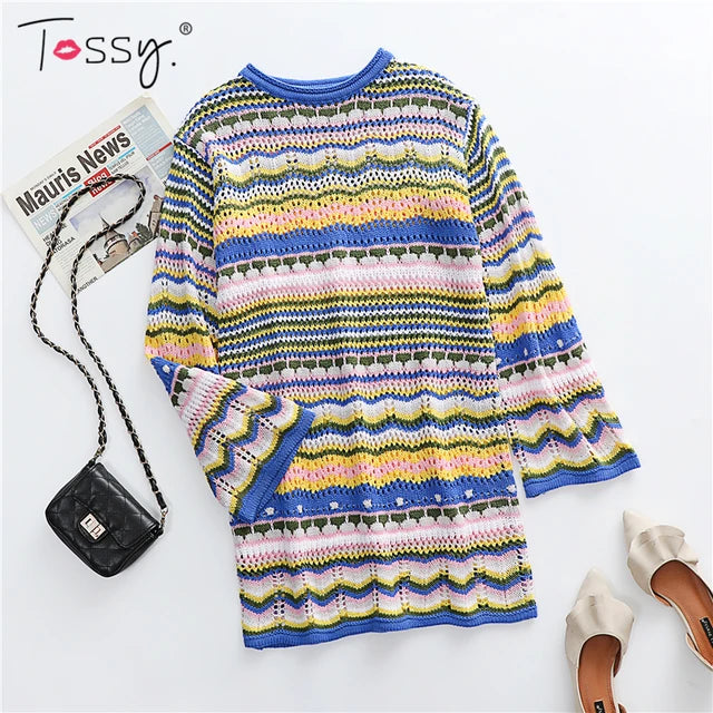 Tossy Holiday Crochet Dress Cover Up Sexy Boho Autumn Long Sleeve Knitwear Beach Dress Female Casual Hollow Out Party Dresses