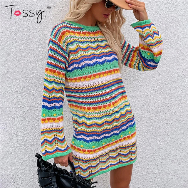 Tossy Holiday Crochet Dress Cover Up Sexy Boho Autumn Long Sleeve Knitwear Beach Dress Female Casual Hollow Out Party Dresses