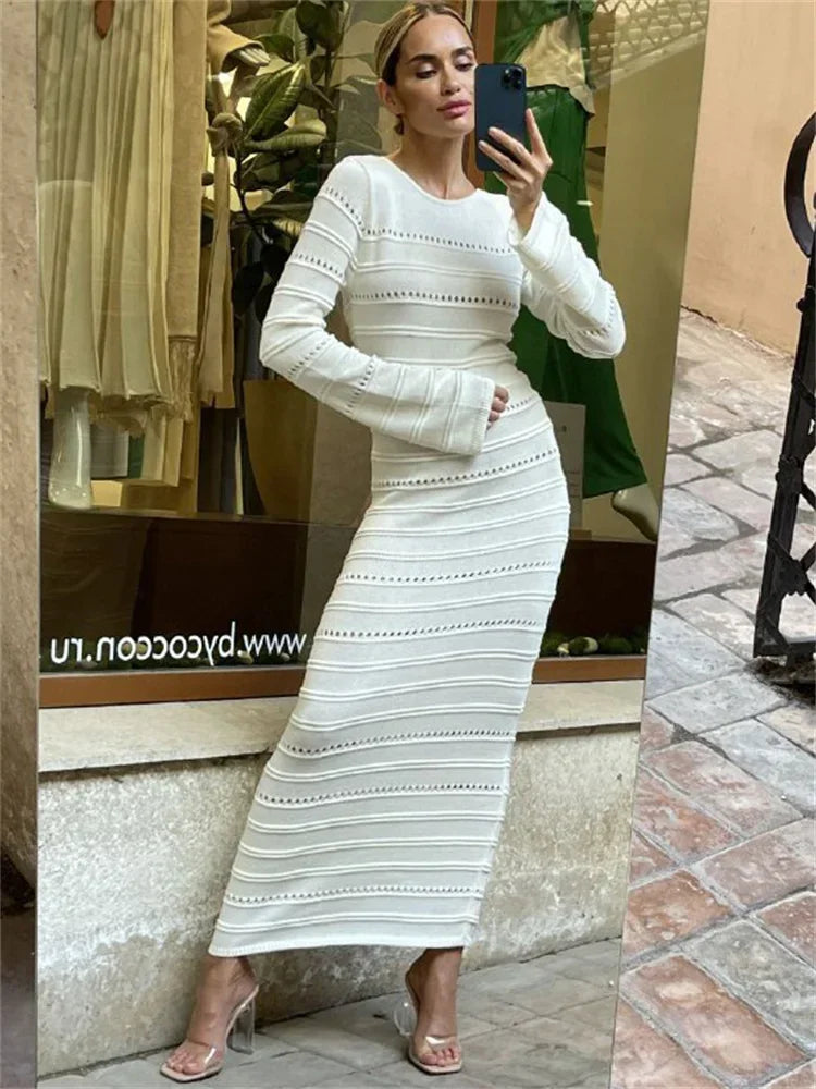 Tossy Hollow Out Bodycon Knit Dress Female Patchwork Solid High Waist Long Sleeve Fashion Knitwear Party Dress Gown Streetwear